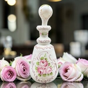 Charleton Roses Milk Glass Dresser Bottle (Kemple) & Stopper Vanity Cologne
